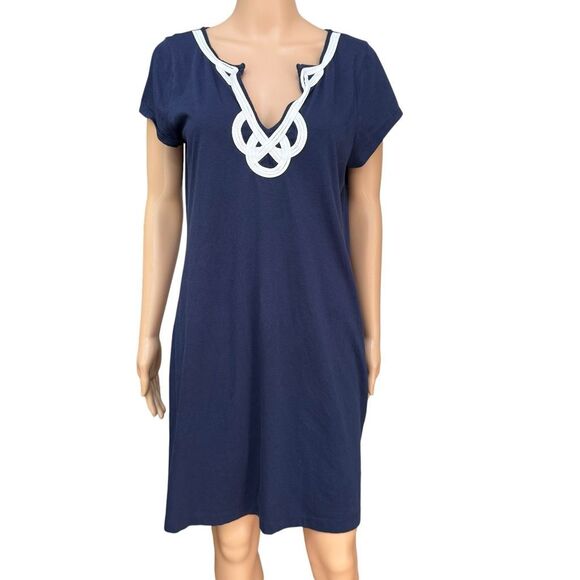 Lilly Pulitzer 100% Pima cotton Brewster Dress True Navy White Rope V Neck Sz L - Picture 3 of 9